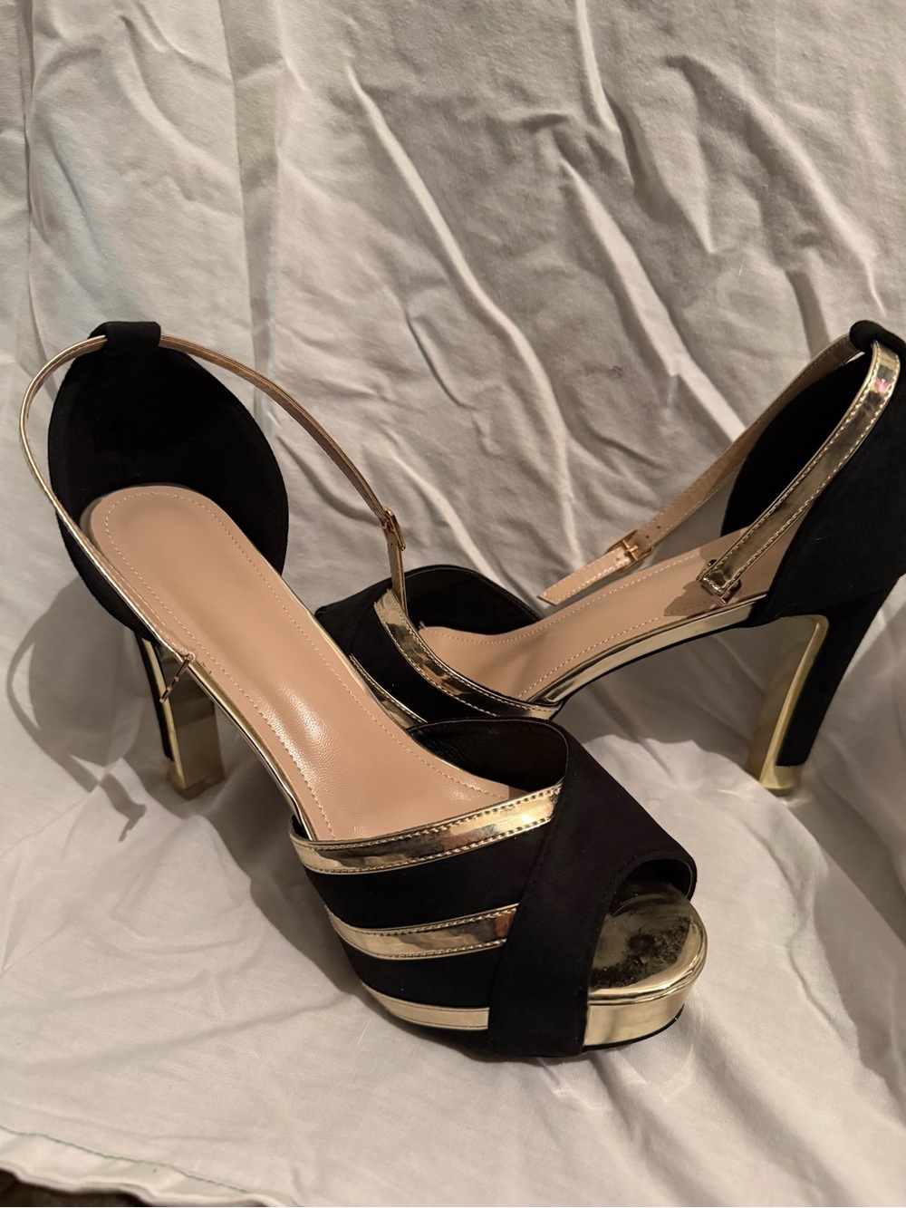 Black and Gold High Heel Peep-Toe Sandals